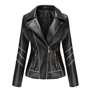 Detail of slim fit black faux leather moto jacket with white piping and zipper pockets