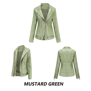 Three-view layout of a mustard green slim fit PU leather biker jacket for women