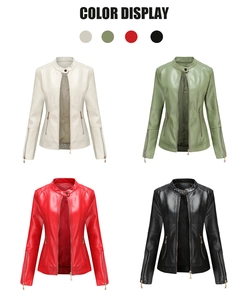 Fashionable PU leather jacket color options in off-white, olive, red, and classic black