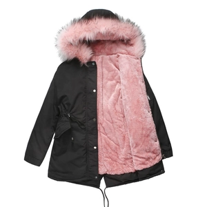 Kids' hooded parka with black shell, pink faux fur lining and plush trim hood