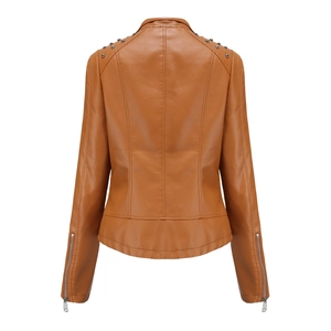 Rear view of camel brown faux leather biker jacket with silver studs on shoulders