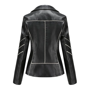 Detail view of black PU leather jacket with distinctive white piping along back seams