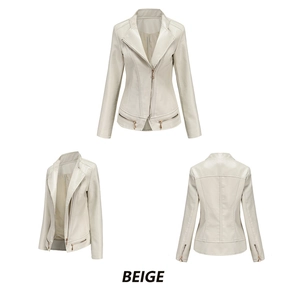 Slim fit beige faux leather biker jacket featuring wide lapels and silver zippers