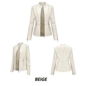Three-angle views of a beige PU leather biker jacket with stand collar and zipper detail
