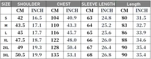 Tabella taglie dettagliata per cappotto invernale in CM e INCH dalla S alla 3XL