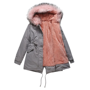 Detail of pink faux fur collar and thick warm fleece lining on a grey winter parka coat