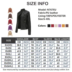 Tableau des tailles détaillé pour veste de moto cintrée en similicuir avec mesures EU