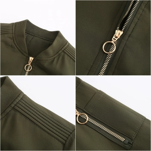 Detail of olive green bomber jacket with gold zipper, ribbed collar and sleeve pocket