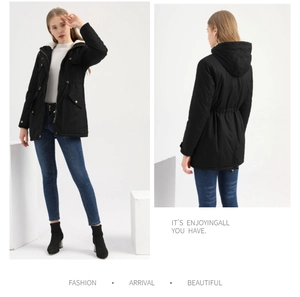 Detail of black hooded parka featuring waist drawstring, metal buttons, and warm fleece lining