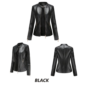 Three-angle view of black slim fit PU leather jacket with stand collar and zipper details