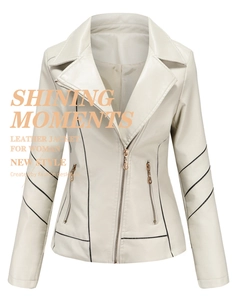 Detail of white PU leather jacket featuring stylish lapel collar and black striped sleeves
