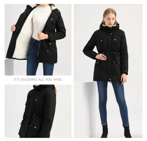 Detailed views of black hooded parka coat with warm white fleece lining and waist drawstring