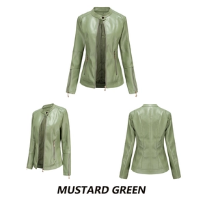Three-way view of mustard green PU leather jacket with stand collar and zipper details