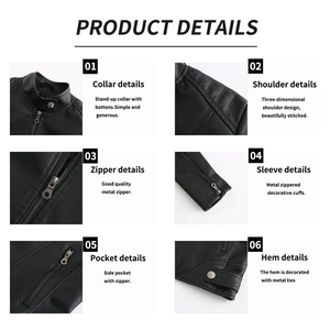 Détails d'une veste en similicuir noir montrant les zips métalliques et le col montant