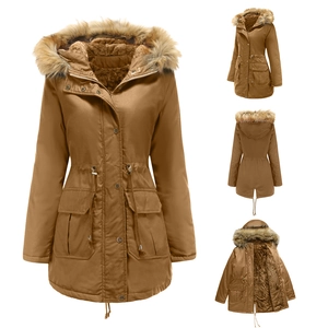 Women's khaki winter parka with faux fur hood, sherpa lining and adjustable waist drawstring