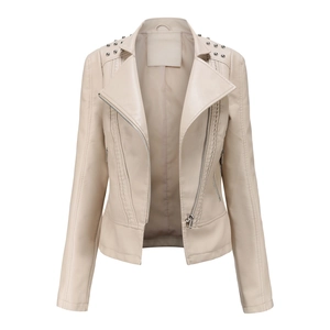 Detail of cream faux leather biker jacket featuring studded shoulders and lapel design