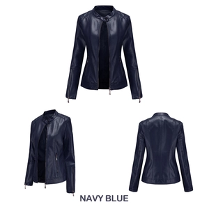 Three-view layout of navy blue PU leather jacket with stand collar and zipper details