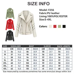 Detailed size chart for women's PU leather jacket including shoulder and bust measurements