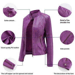 Détails de la veste en similicuir violette avec fermetures éclair et col montant