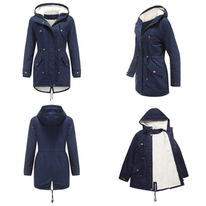 Detail view of navy blue hooded parka showing warm fleece lining and adjustable waist drawstring