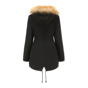 Vue arrière de la parka noire avec cordon de serrage et grande capuche en fausse fourrure