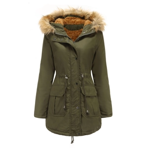 Women's warm winter parka with faux fur hood, fleece lining, and drawstring waist green coat