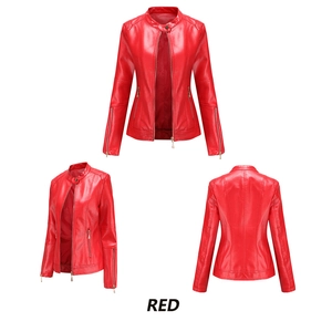Detailed views of red faux leather jacket featuring stand collar and metal zipper pockets