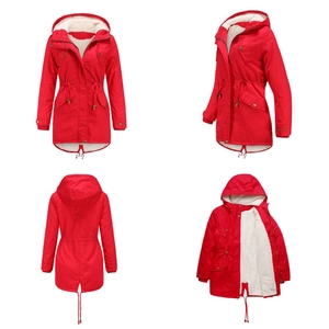 Detailed four-way view of a red hooded parka with white lamb wool lining and drawstring waist