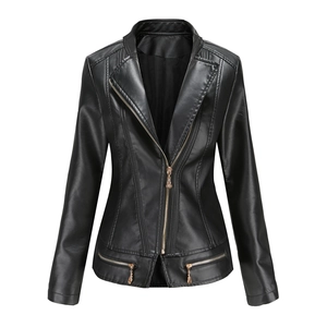 Detailed view of women's black PU leather biker jacket with rose gold metal zippers
