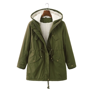 Army green hooded parka for women with warm white faux fur lining and drawstring waist