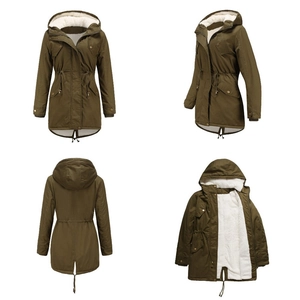 Detail view of winter parka featuring warm fleece lining and adjustable drawstring waist