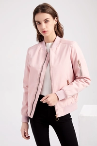 Detail view of pink bomber jacket showing rib-knit collar and functional sleeve zipper