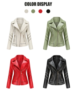 Detail view of four-color display for women's PU biker jackets with zip pockets
