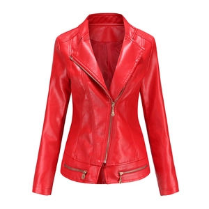 Women's slim fit red PU leather motorcycle jacket with asymmetrical zip and stand collar