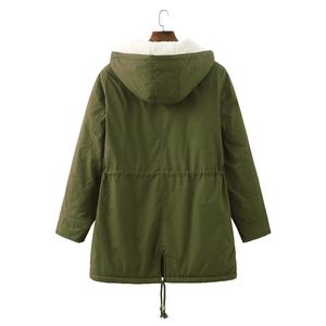Back view of army green hooded parka coat with white fleece lining and drawstring waist