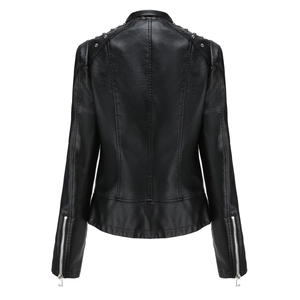 Detailed back view of a black faux leather motorcycle jacket with silver rivets on shoulders