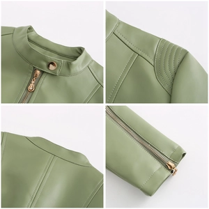 Detailed views of women's green PU leather jacket featuring stand collar and zip cuffs