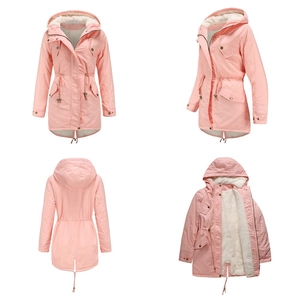 Detail view of pink hooded parka with thick fleece lining and drawstring waist design