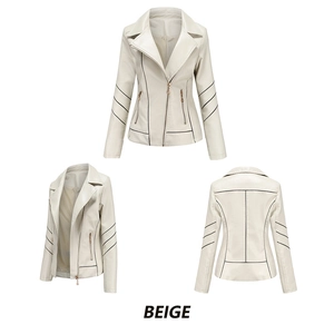 Front, side, and back views of a beige PU leather biker jacket with black trim