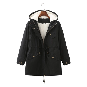 Women's black hooded parka with white fleece lining and drawstring waist for winter warmth
