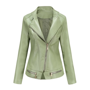 Women's slim fit PU leather biker jacket in sage green with asymmetric zipper closure