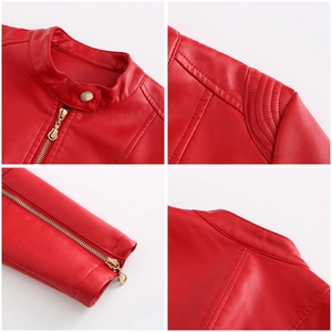 Detail view of red PU leather jacket featuring stand collar with snap and quilted shoulder