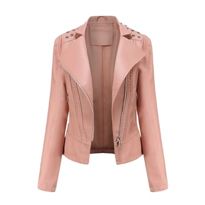 Detail view of pink biker jacket featuring silver rivets and wide notched lapels