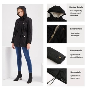 Detail of black hooded parka with warm fleece lining, adjustable cuffs and metal zipper