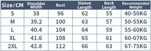 Detailed size chart for women's bomber jacket showing dimensions from S to 2XL sizes