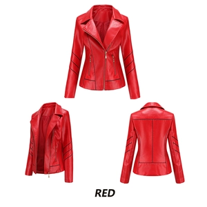 Three-angle view of red cropped PU biker jacket showing front, side, and back details