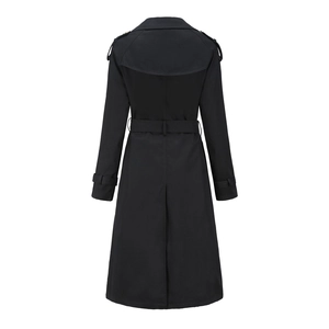 Vue arrière d'un trench-coat long noir en coton avec bavolet et ceinture réglable à la taille