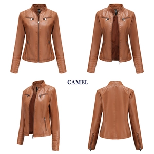 Vues détaillées de la veste en cuir PU camel avec coutures matelassées et zips métalliques