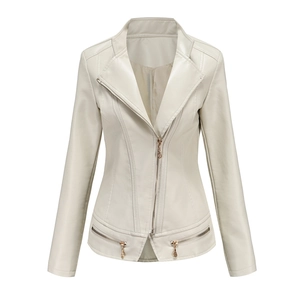 Detail of slim-fit PU leather jacket featuring lapel collar and metal zipper pockets