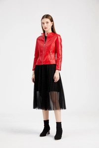 Red slim fit PU leather jacket featuring a stand collar and metal zipper details